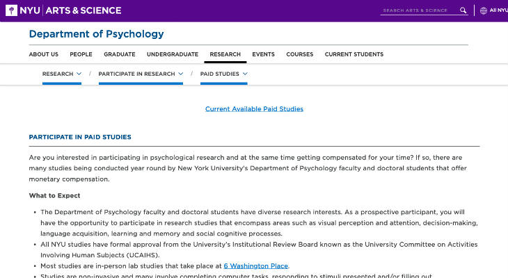 NYU Paid Research Studies screenshot