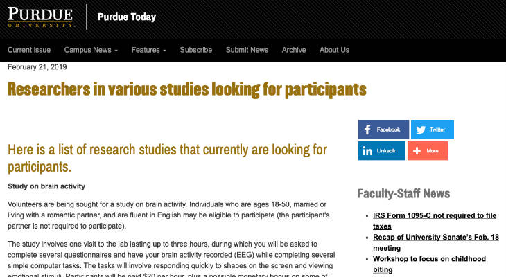 Purdue Paid Research Studies screenshot